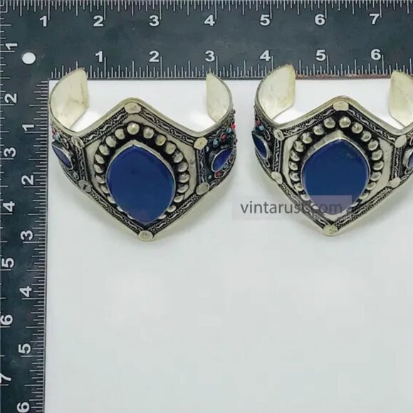 Lapis Lazuli Handmade Bracelet, Big Gemstone Bracelet, Ethnic Kuchi Statement - Picture 7 of 7